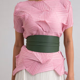 Light beige co-ord set on woman, side profile